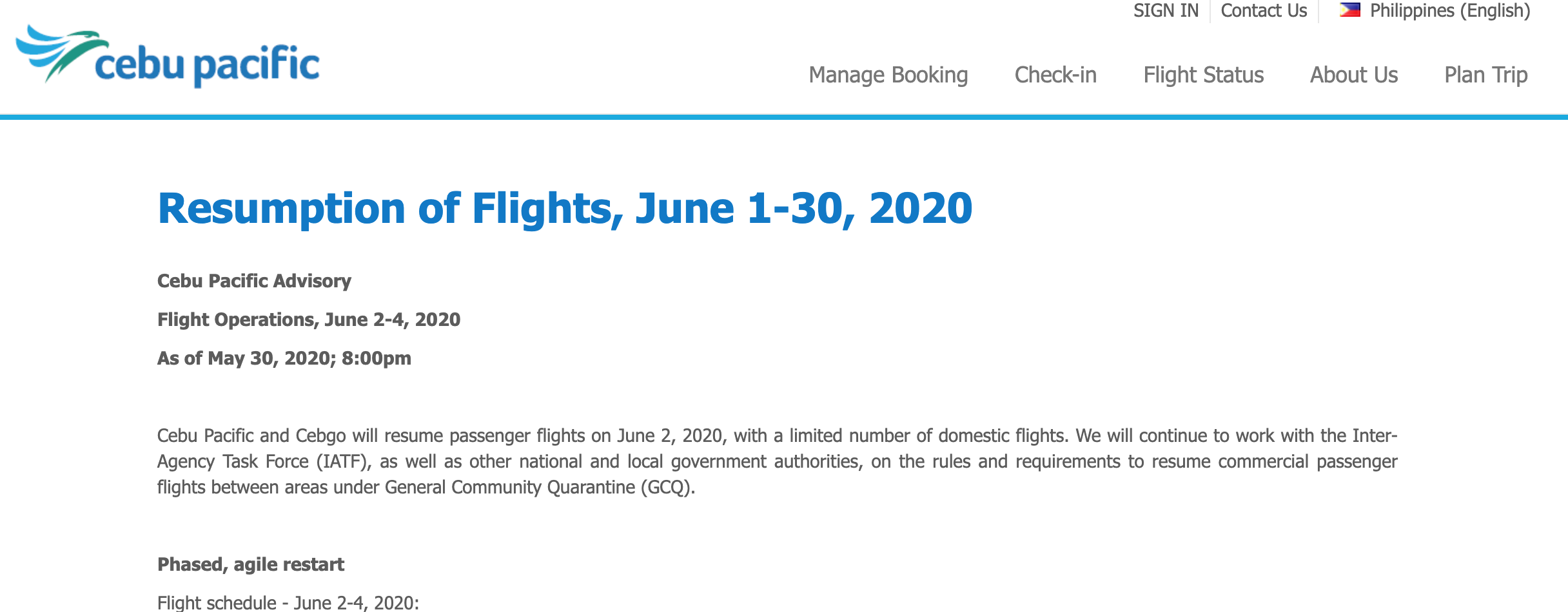 Cebu Pacific Airline: Resumption of Flights, June 1-30, 2020