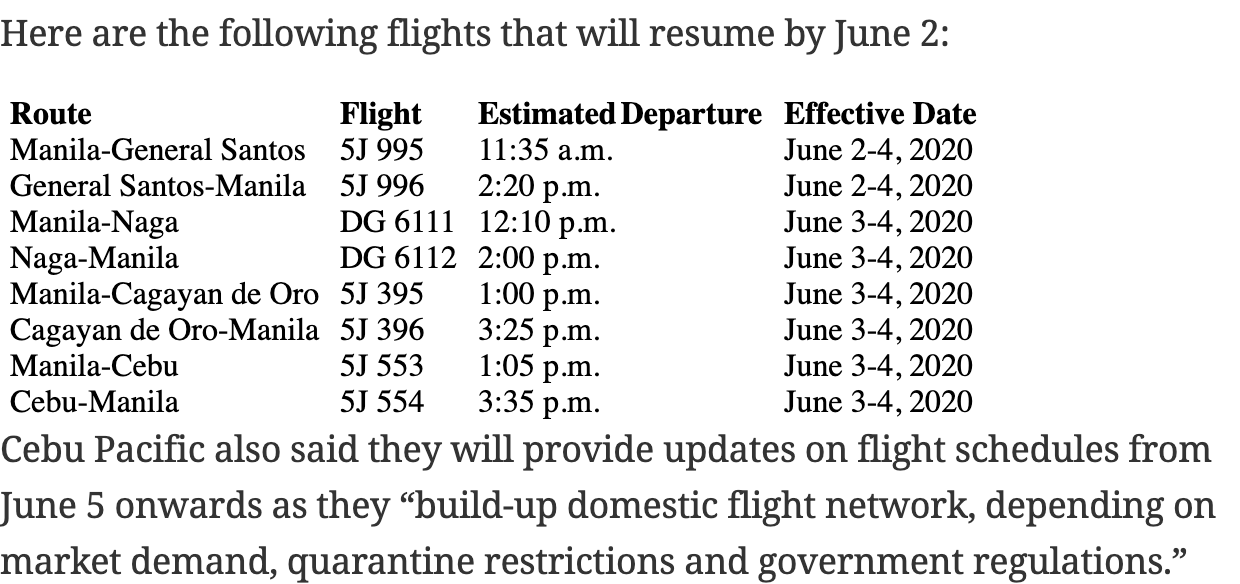 Cebu Pacific resumes some domestic flights on June 2; int’l flights still suspended